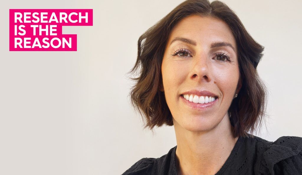 a portrait of christina smiling with research is the reason in pink and white letters