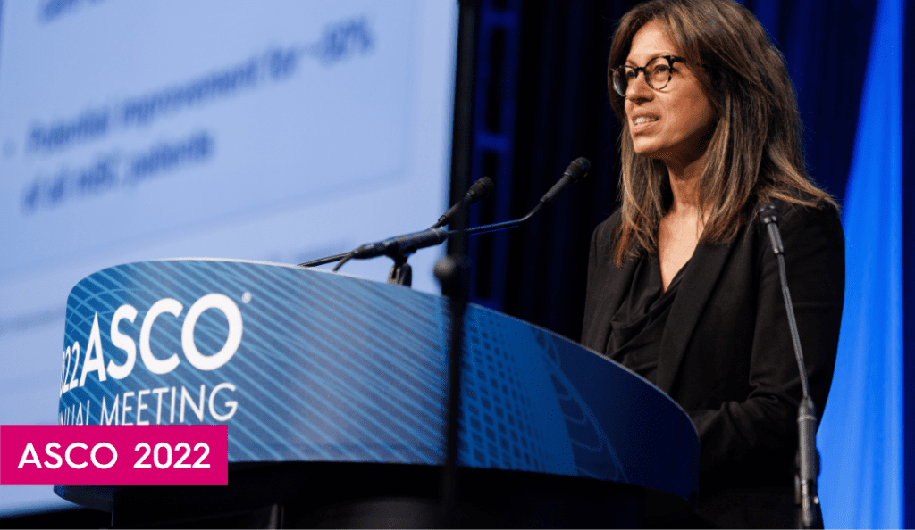 Dr. Shanu Modi speaks at ASCO's annual meeting at a podium