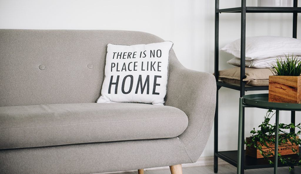 Cozy picture of a grey couch with a pillow that says there's no place like home and some plants