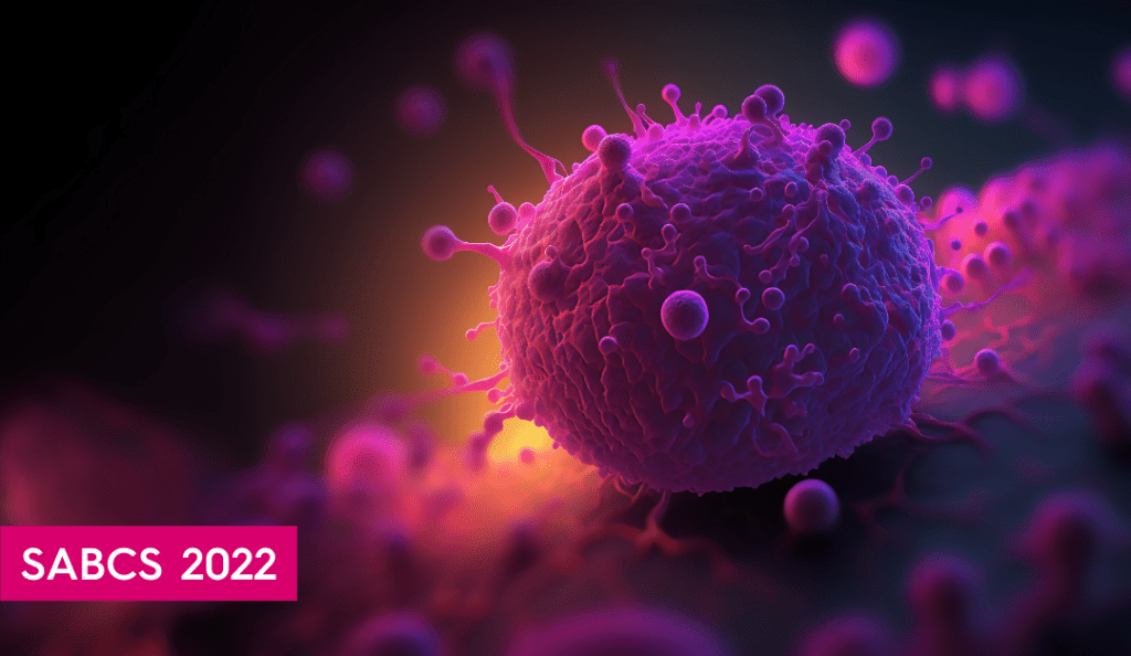 a rendering of a tumor with the microenvironment cells and proteins around it
