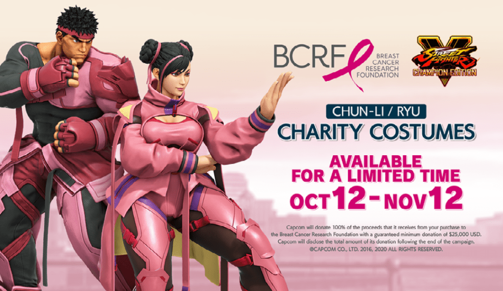 an image of street fighter icons ryu and chun-li wearing their bcrf-supporting pink costumes