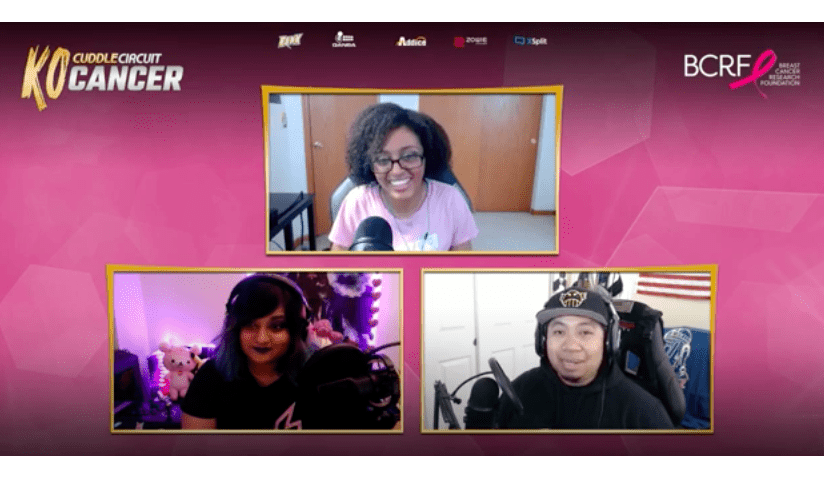 A screenshot of three EQNX players during the esport company's charity stream for BCRF