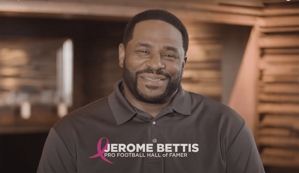A screenshot of Jerome Bettis from his PSA for BCRF with fuboTV