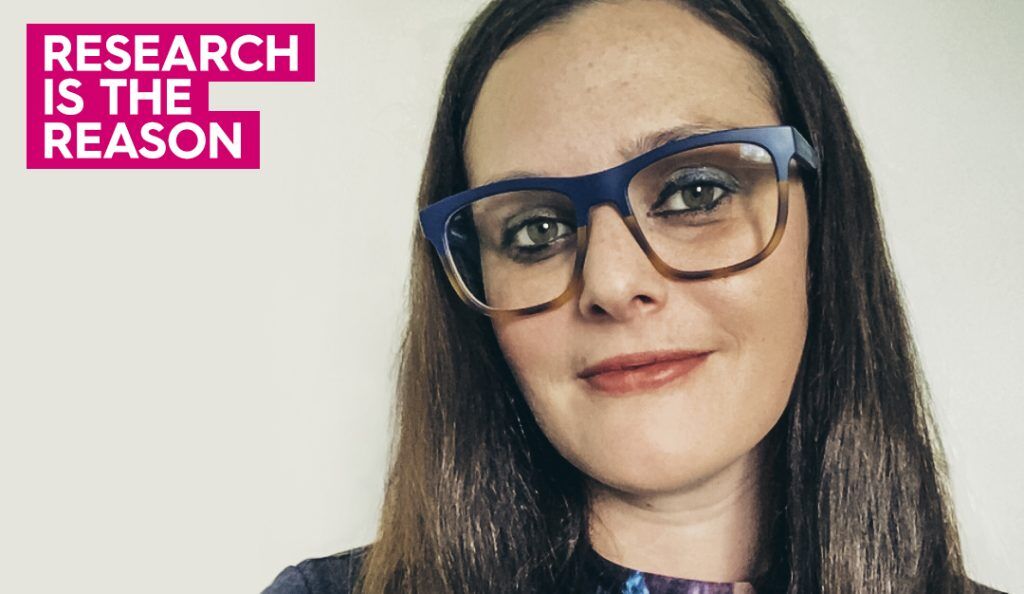 Portrait of Melissa with the words Research is the Reason on the image