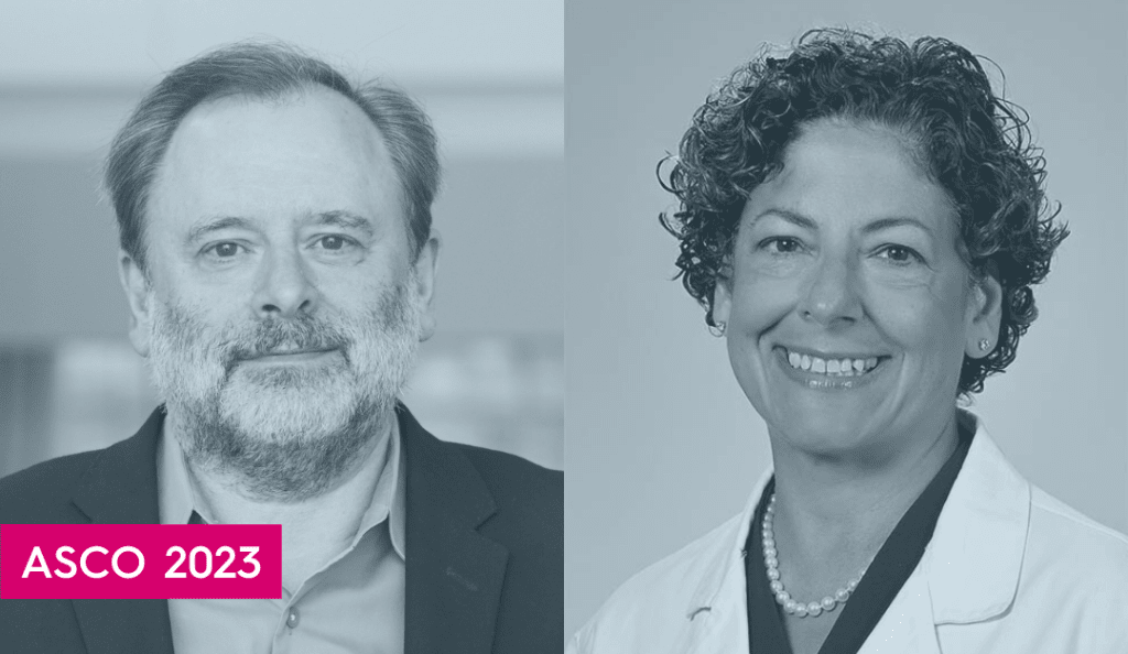 drs. alan ashworth and angela demichele's headshots with the words asco 2023 in pink overlaid