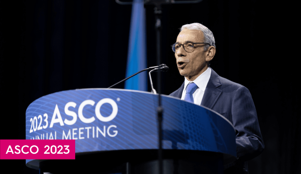 Dr. Eric Winer speaks at a podium during ASCO 2023