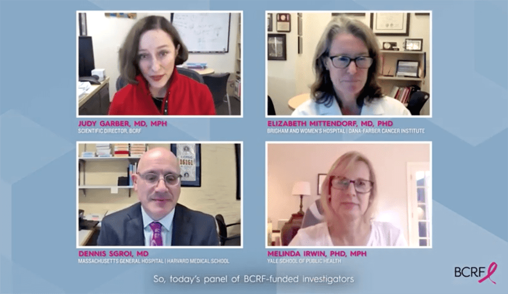 a screenshot of a video recording of BCRF's 2021 Boston Hot Pink symposium with four BCRF supported researchers