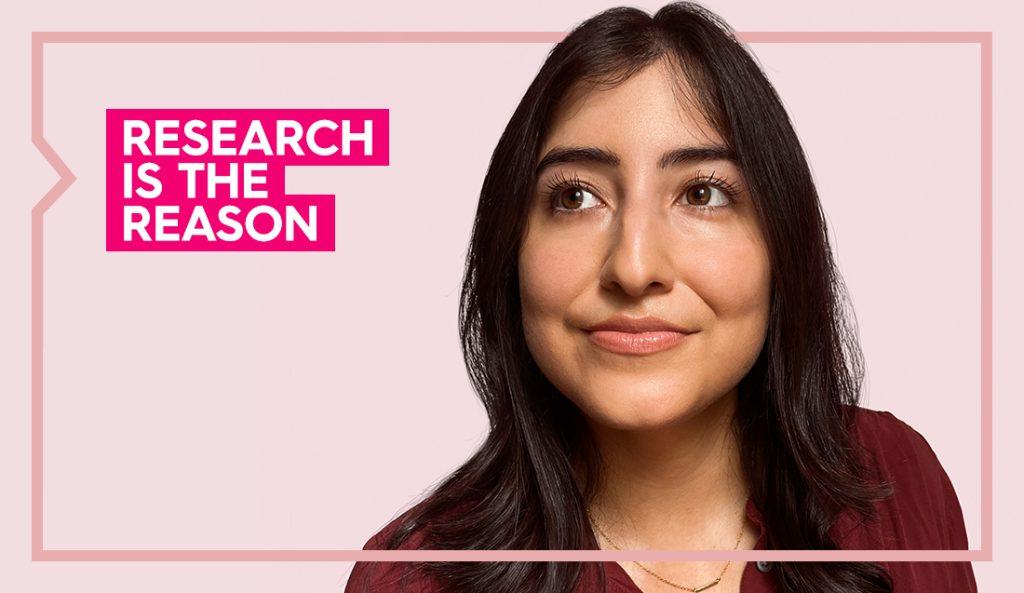 a portrait of melissa against a light pink background with the words research is the reason in bolder pink