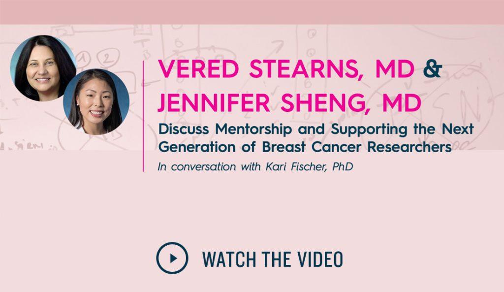 portraits of dr. vered sterns and dr. jennifer sheng with the words "watch video" against a light pi|Jennifer Sheng holds her Conquer Cancer-BCRF award and poses with her mentor