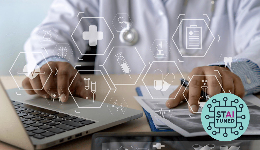 An illustrative image evoking AI in healthcare showing a doctor at a laptop with icons coming out of the laptop screen of different healthcare concepts