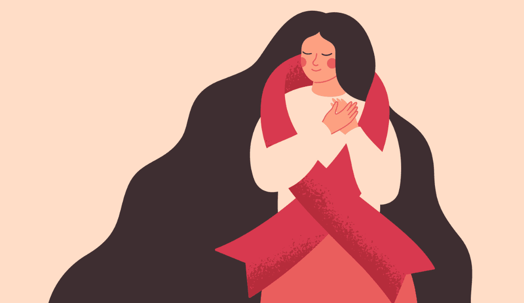 illustration of a woman with long hair and a pink ribbon around her against a light pink background