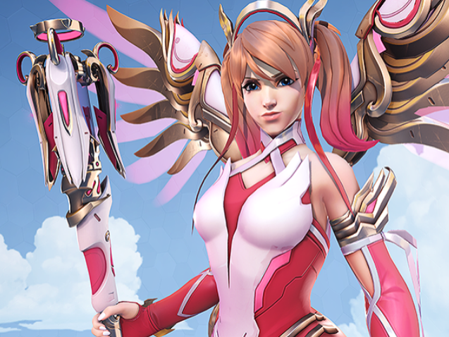 a still from overwatch showing rose gold mercy