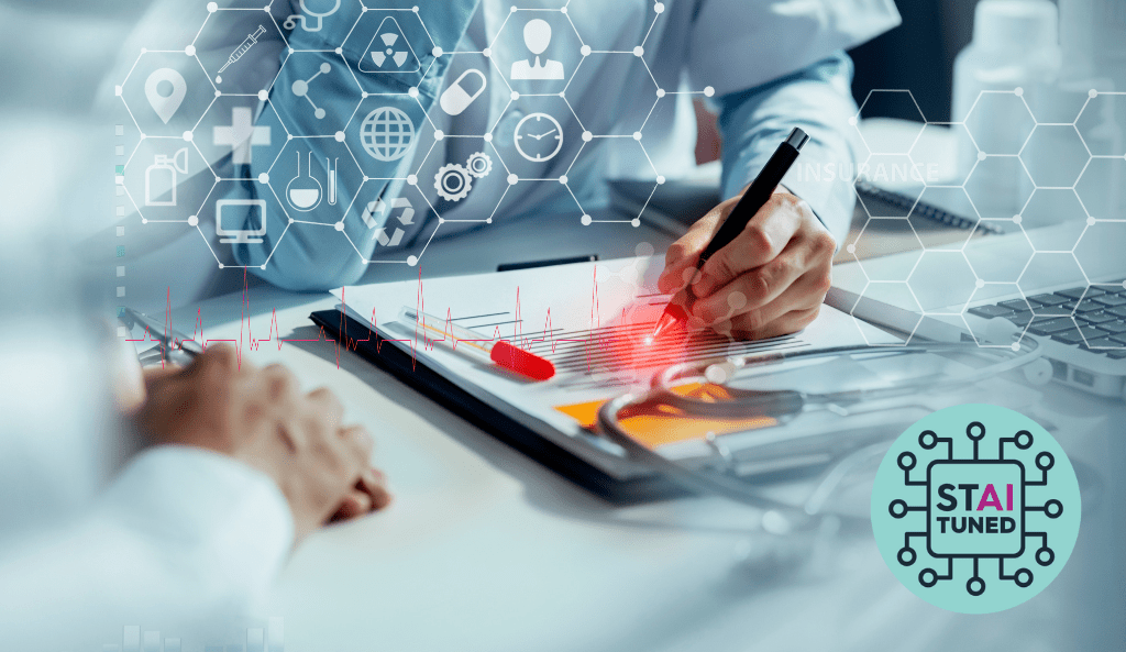 a photo illustration of a doctor writing on a pad with images of computers, pills, and more that evoke artificial intelligence overlaid