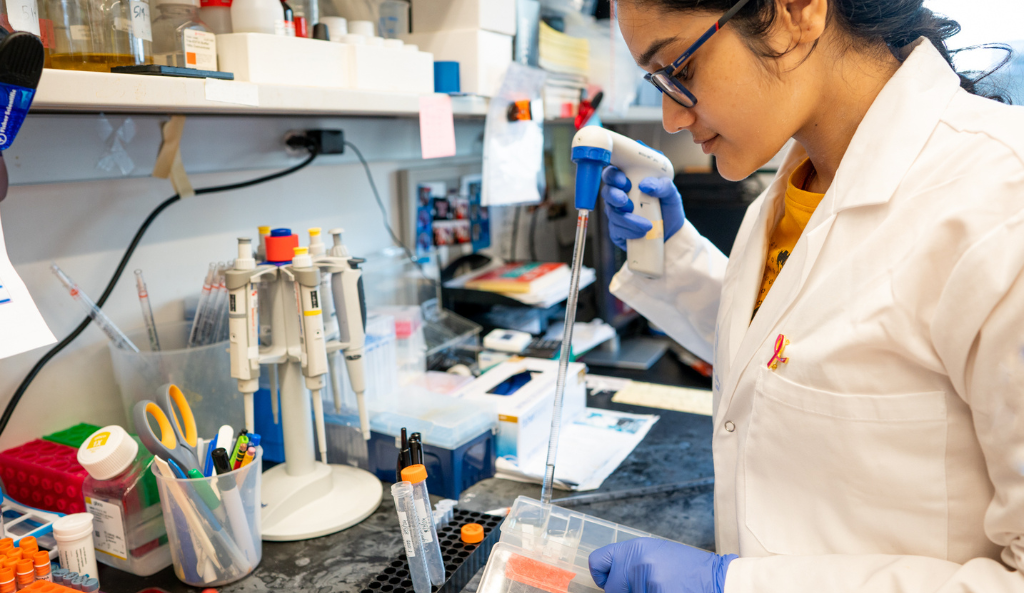 an employee in a bcrf-supported lab uses a pipette