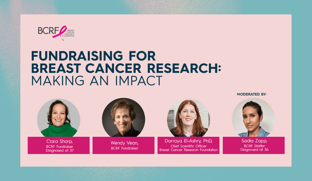 a pink image with the words "fundraising for breast cancer research: making an impact" along with headshots of four people who spoke at recent webinar