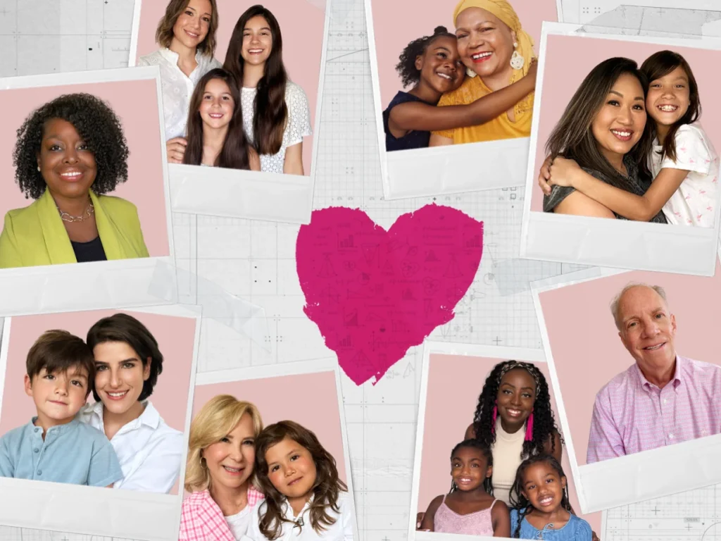 A collage of several polaroid photos of smiling people and families. The photos surround a painting of a pink heart.
