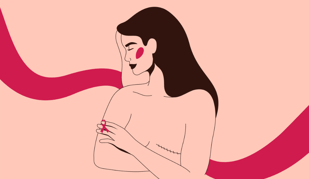 a photo illustration of a woman who had breast cancer showing a single mastectomy scar against a background with a deconstructed pink ribbon