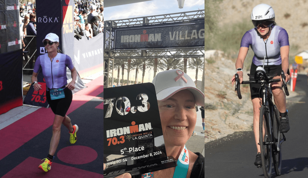 Photos of Jody during her Ironman, running, at the finish line, and biking