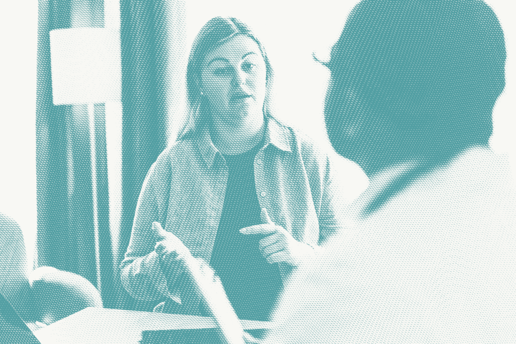 a woman weighs whether to have a lumpectomy vs. mastectomy in conversation with her doctor