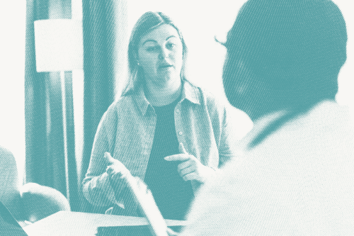 a woman weighs whether to have a lumpectomy vs. mastectomy in conversation with her doctor