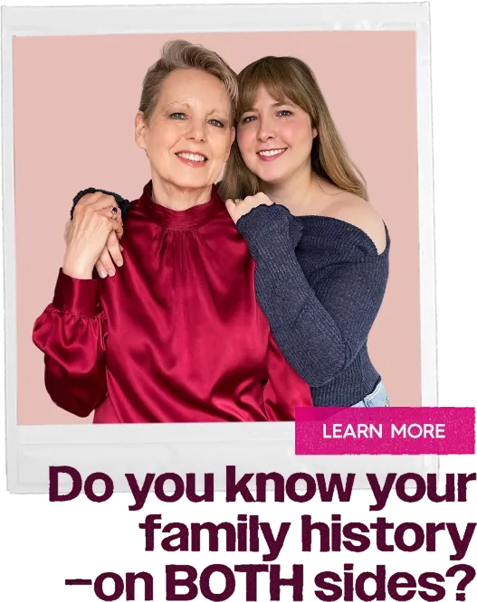 A polaroid of a mother and daughter with a stamp that reads 