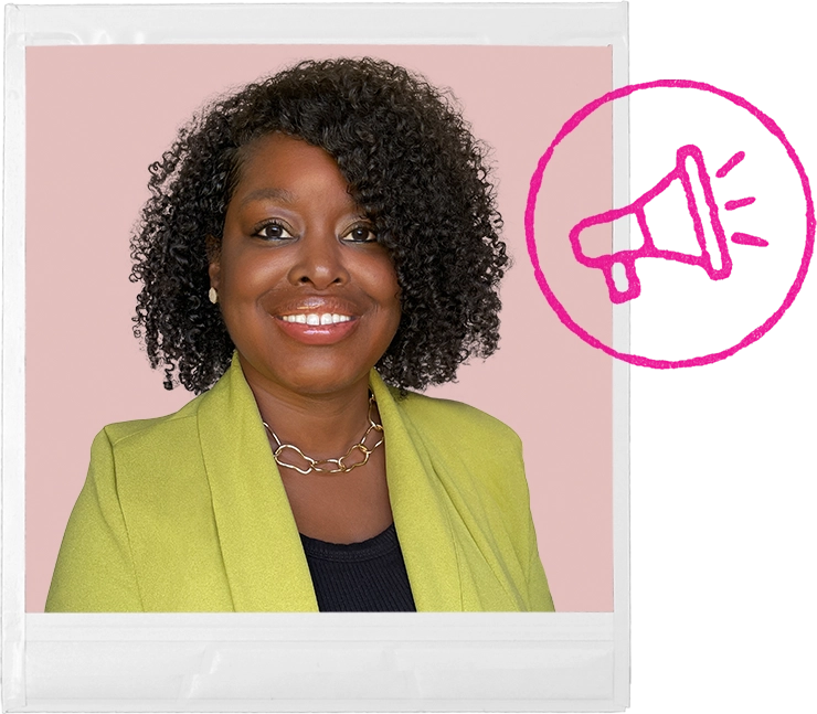A polaroid photo of a woman, stamped with a megaphone.