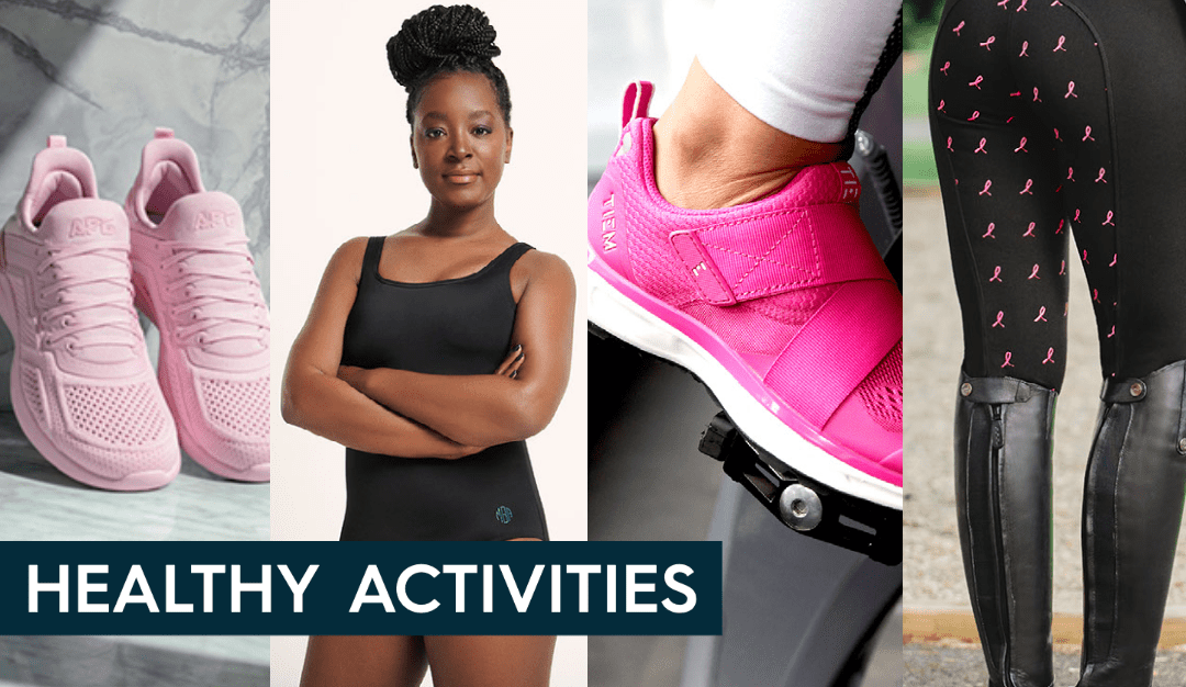 a collage of bcrf partners including APL sneakers, Land's End mastectomy bathing suit, TIEM cycling shoes, and SmartPac breeches
