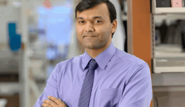 Dr. Sarat Chandarlapaty stands for a portrait in his lab