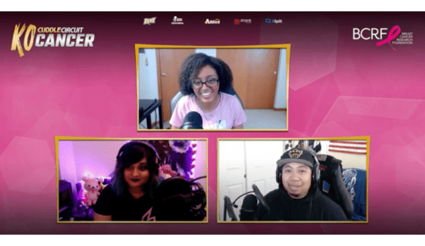 A screenshot of three EQNX players during the esport company's charity stream for BCRF