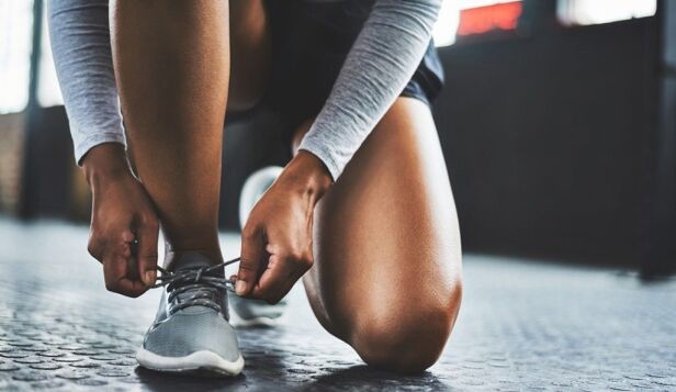 a woman laces up her sneakers to run|four images in a row of Freshly meals